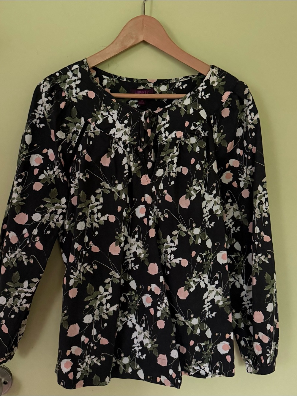 J. Crew Black Floral Tie-Neck Peasant Blouse - Pink & Green